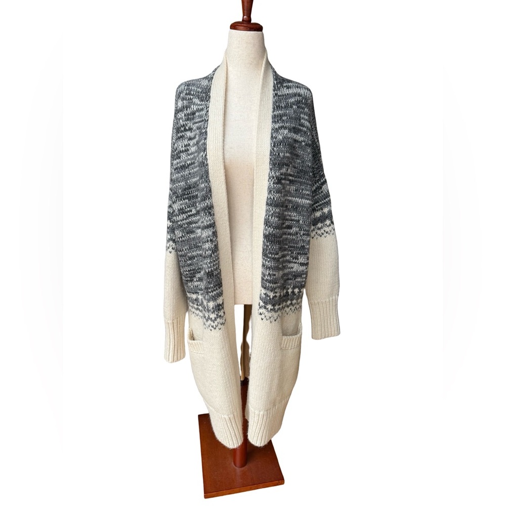 Banana Republic Blocked Fair Isle Long Open Cardigan, Gray/Beige Size M